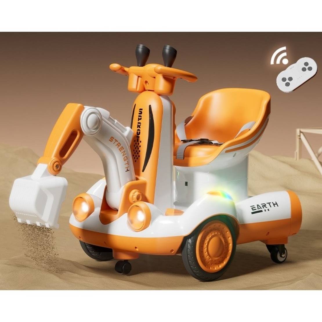 Excavator Electric, Flippy, pe 4 Roti Antiderapante, cu Telecomanda, Brat Controlat Electric, cu Telecomanda, +2 Ani, Galben