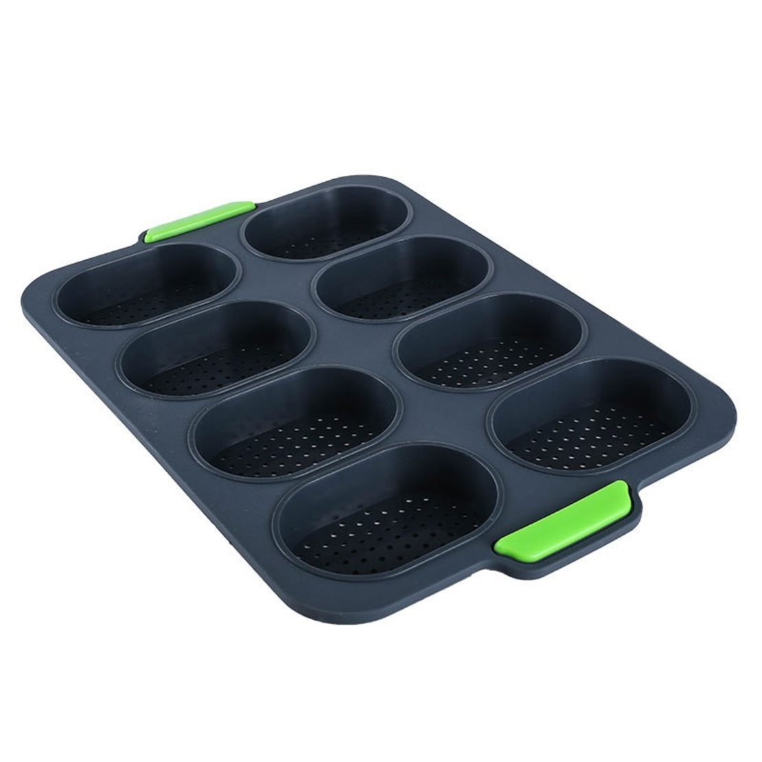 Forme de Silicon pentru Copt, Flippy, 8 Forme Ovale, pentru Paine si Prajituri, 34.5 x 23.8 x 2.5 cm, Negru/Verde