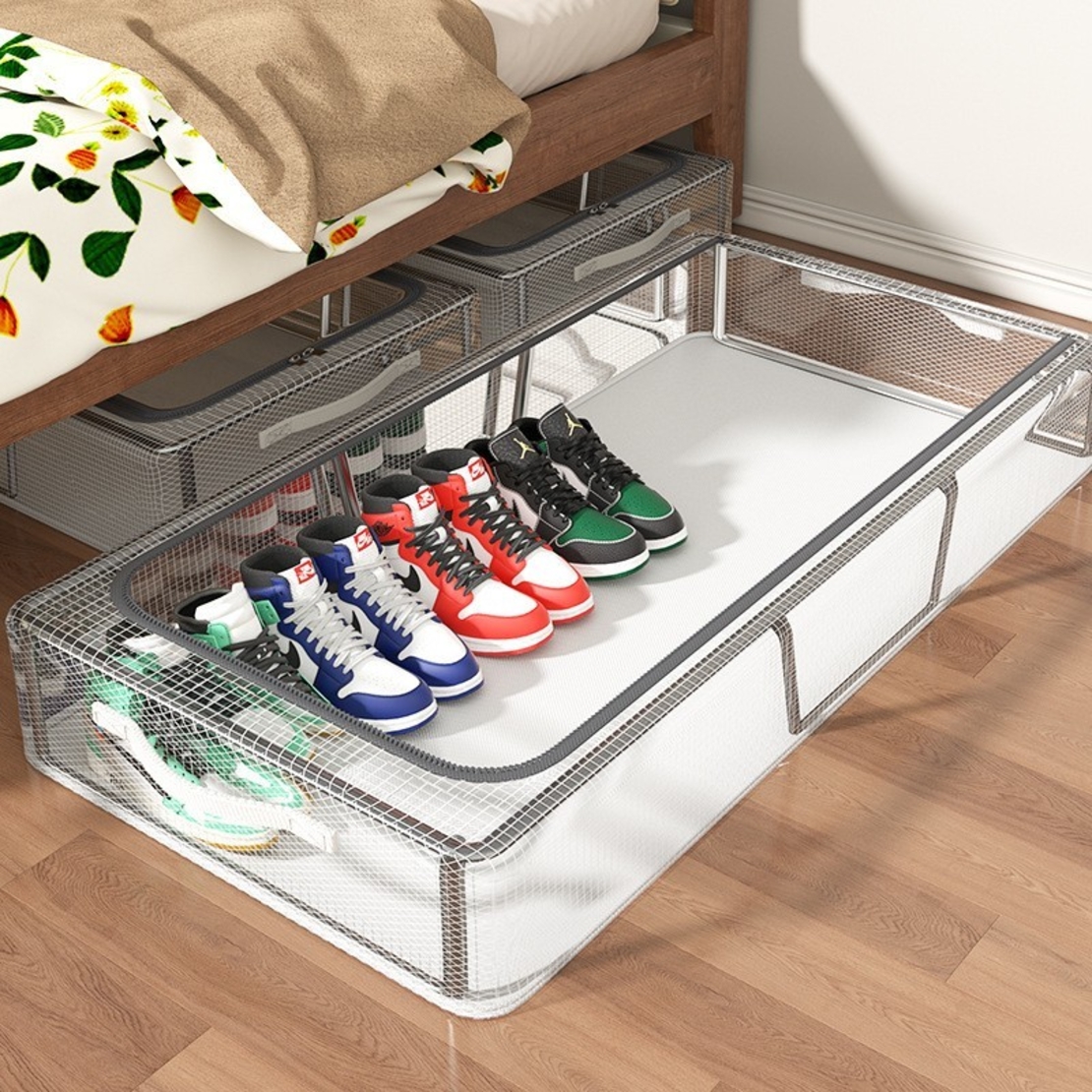 Cutie de Depozitare pentru Pantofi, Flippy, 60*30*21CM , din Plasa PVC Impermeabila si Cadru de Otel, Pliabila, Fermoar Bidirectional, Transparenta