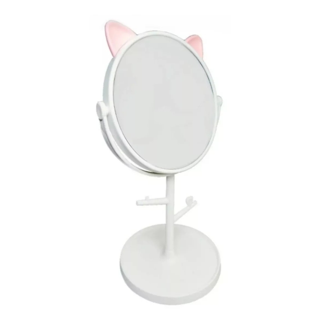 Oglina Cosmetica cu Picior, Flippy, HD, Rotire 360 Grade, 15 cm Diametru, Suport Bijuterii Baza Rotunda + 2 Brate, Model cu Urechi, 31 x 14.5 x 15 cm, din Plastic, Alb