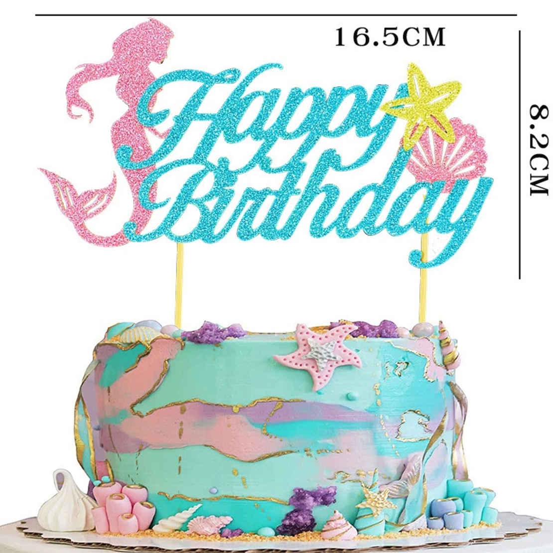 Set Toppere pentru Tort si Prajituri, Flippy, Tematica Sirena, Model Mare Scris Happy Birthday 16.5x8.2 cm, 6 Toppere Mici Model Marin 5x5 cm, Multicolor