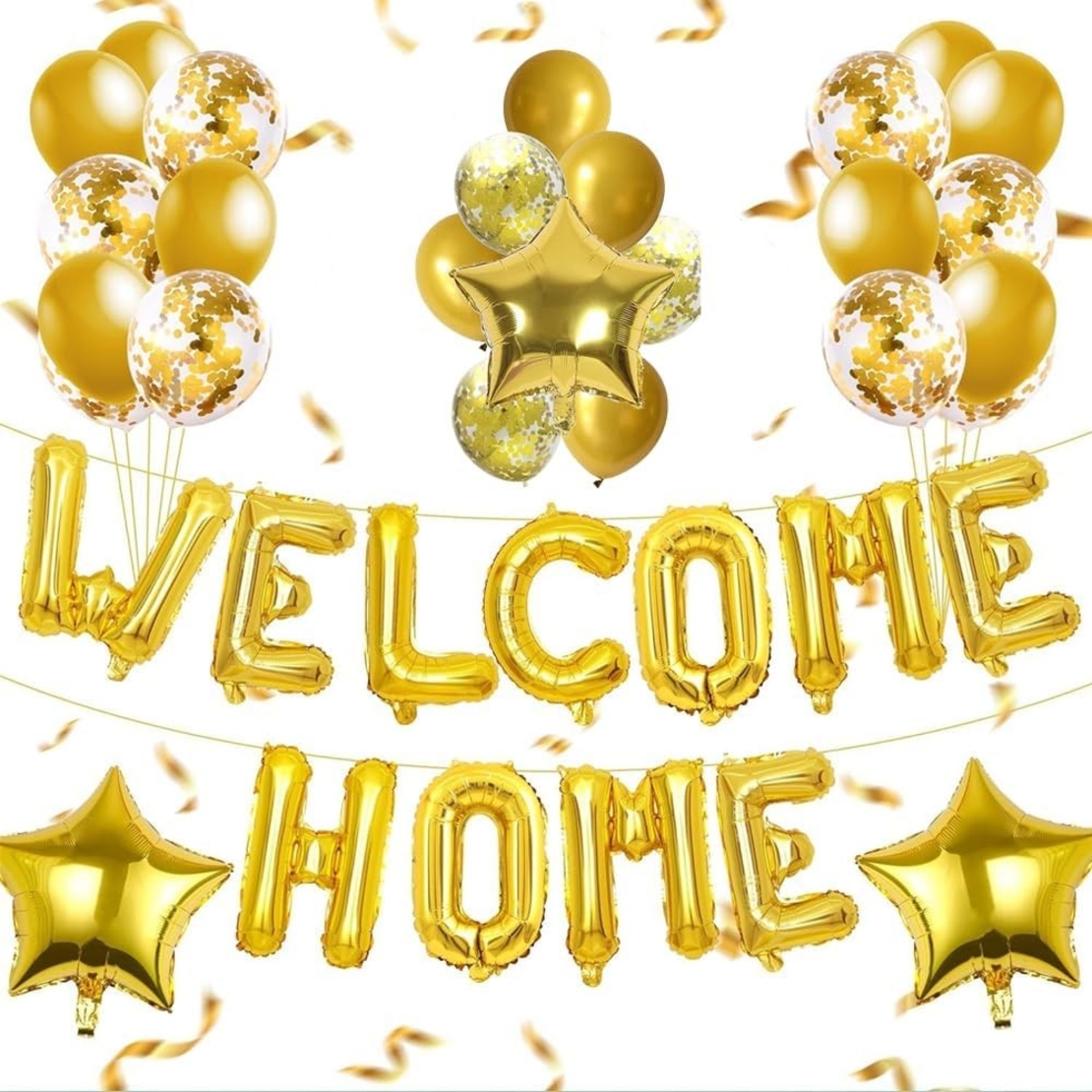 Set Baloane din Folie Metalizata, Flippy, Model WELCOME!, Litere de 40 cm, Baloane Party, Ambalaj Individual, Pai Inclus, Umflare cu Aer sau Heliu, Auriu