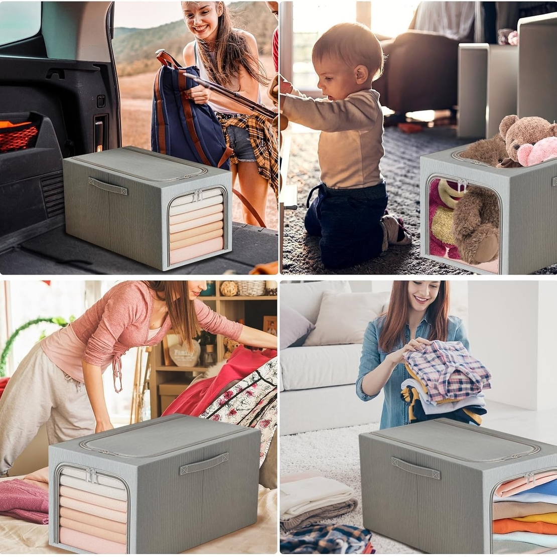 Cutie de Depozitare, Flippy, 49L, din In si Bumbac, Pliabila, Cadru din Otel, 47 x 35 x 30 cm, Albastru Fumuriu