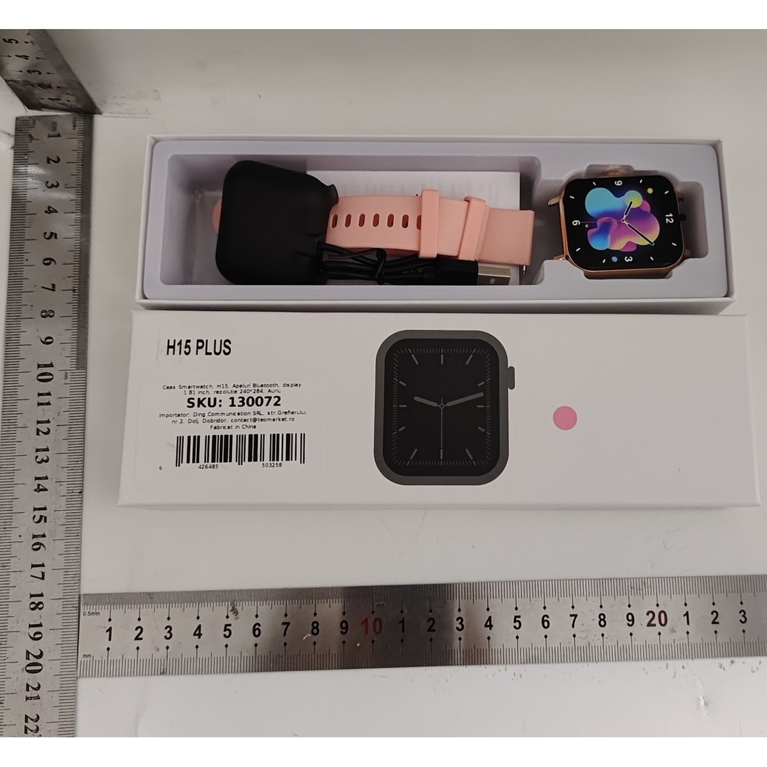 Ceas Smartwatch, Flippy, Editia H15, Apeluri Bluetooth, Afisaj 1.81 inch, Rezolutie 240 x 284, Puls, Siri, Baterie 180 mAh, Roz Auriu