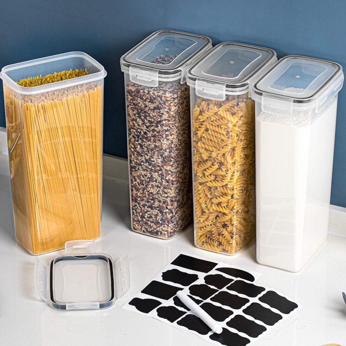 Set 4 Recipiente din Plastic, Flippy, pentru Alimente/Obiecte, Inchidere Ermetica, 4 x 2.8l, Transparent
