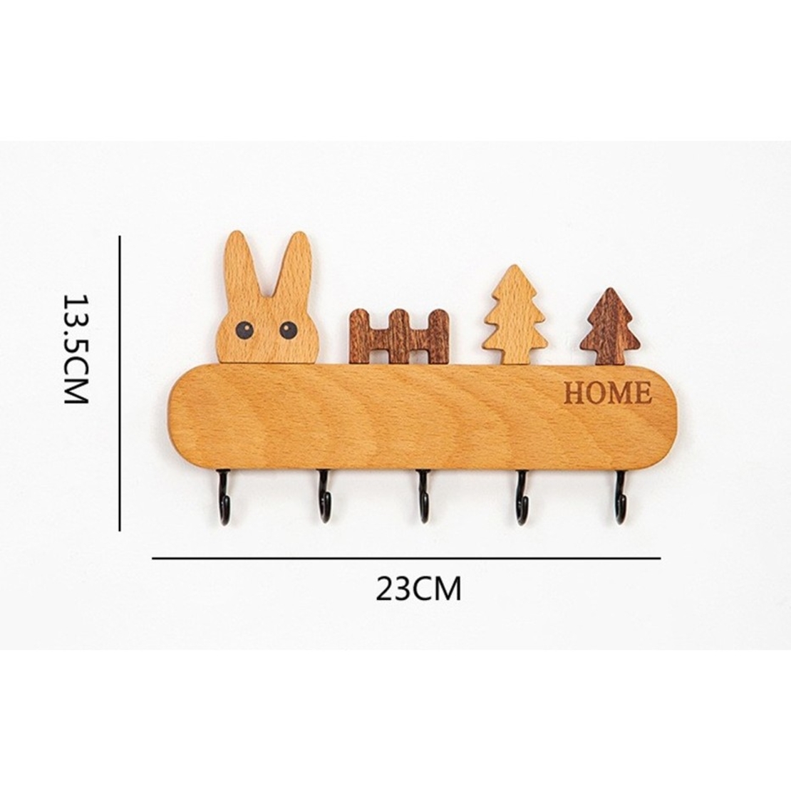 Suport pentru Chei, Flippy, din Lemn, Aplicare fara Perforare, Adeziv Inclus, 5 Carlige Negre, Model Iepure, Greutate Suportata 5 kg, 13.5 x 22 cm, Maro