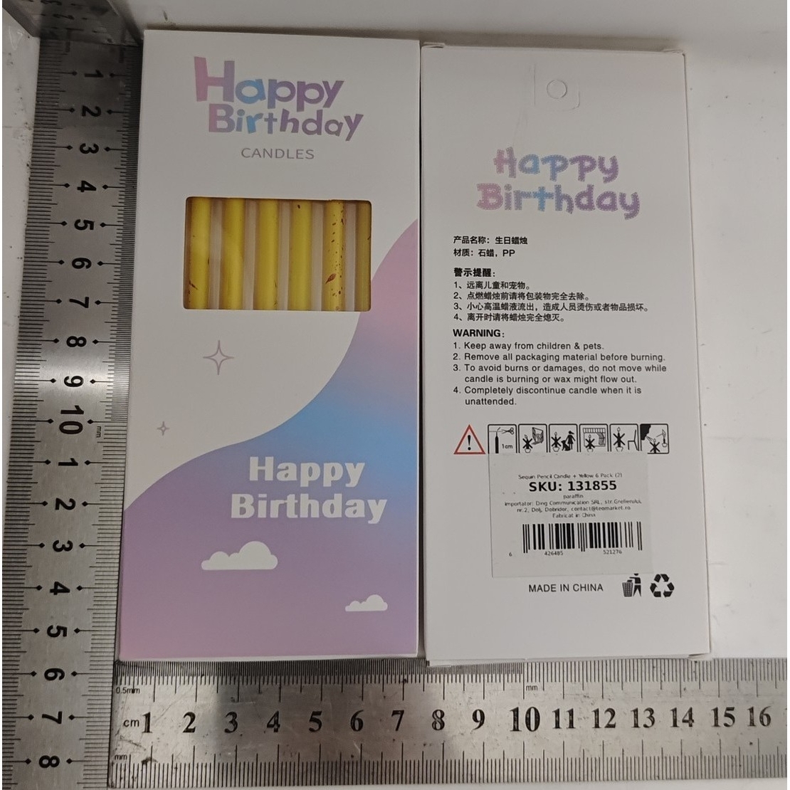 Set 6 Lumanari Lungi, Flippy, din Parafina, 10 x 0.5 cm, Happy Birthday, Galben