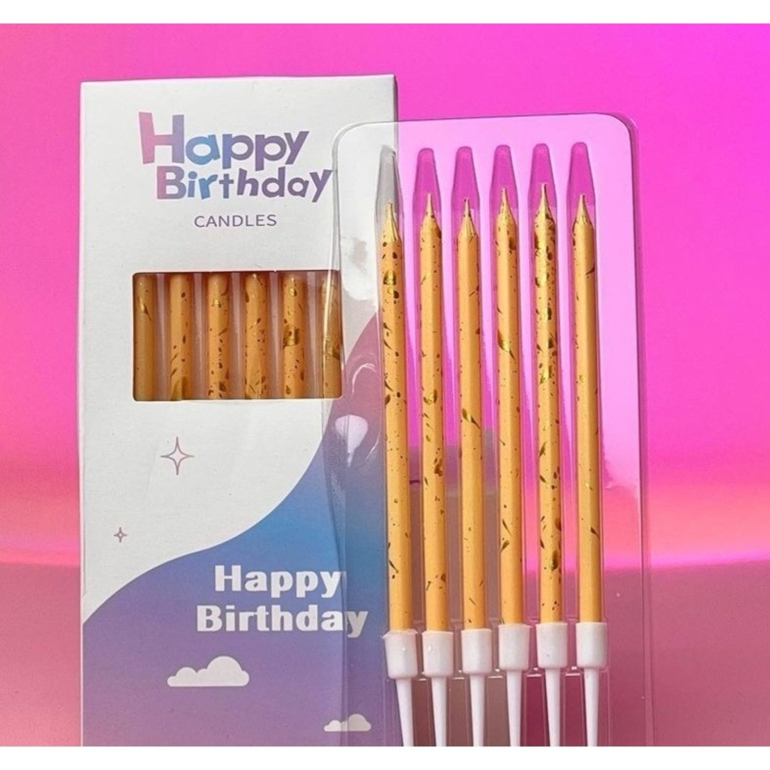 Set 6 Lumanari Lungi, Flippy, din Parafina, 10 x 0.5 cm, Happy Birthday, Bej