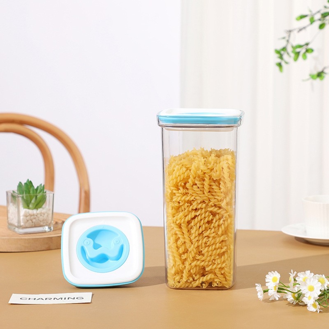 Cutie de Depozitare pentru Bucatarie, Flippy, 2L, din ABS+PET+Silicon, Capac Alb/Albastru, 11.5 x 23 x 8 cm, Transparent