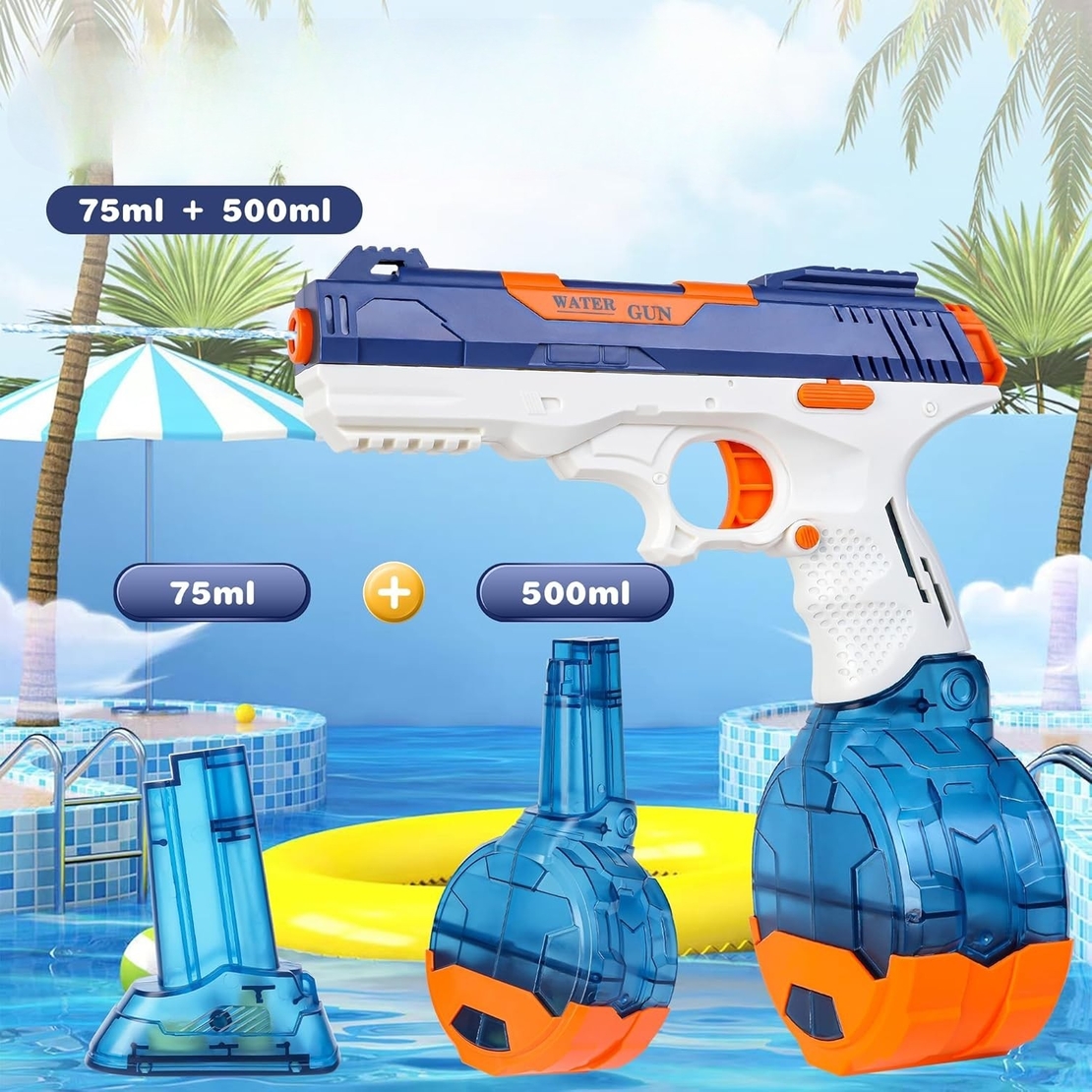 Pistol cu Apa Electric, Flippy, 2 Rezervoare 75/350 ml, din ABS+Silicon, Baterie, Incarcare USB, Conectare la Furtun, +6 Ani, Albastru