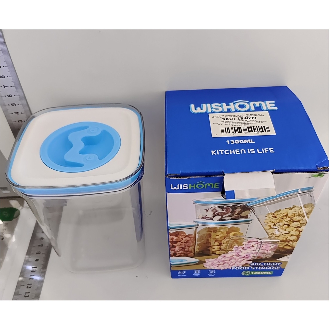 Cutie de Depozitare pentru Bucatarie, Flippy, 1.3L, din ABS+PET+Silicon, Capac Alb/Albastru, 11.5 x 15 x 8 cm, Transparent