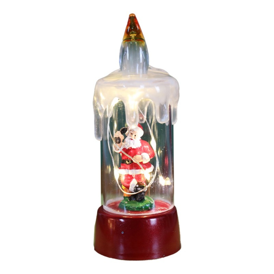 Decoratiune de Craciun tip Lumanare, Flippy, Lumanare de Cristal fara Fulgi de Zapada, Model Mos Craciun, Iluminare LED, 13 x 5 x 5 cm, Baza Rosie, Transparent