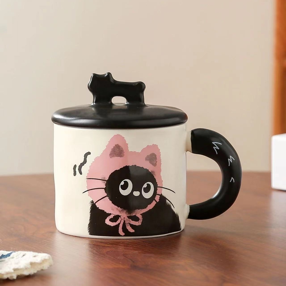 Cana din Ceramica, Flippy, Model in Cutie pentru Cadou, Cana pentru Ceai, Cafea, Cana Retro Design Capac cu Figurina 3D, 9.5 x 8 x 8 cm, 360 ml, Bej, Print Pisica Roz Negru