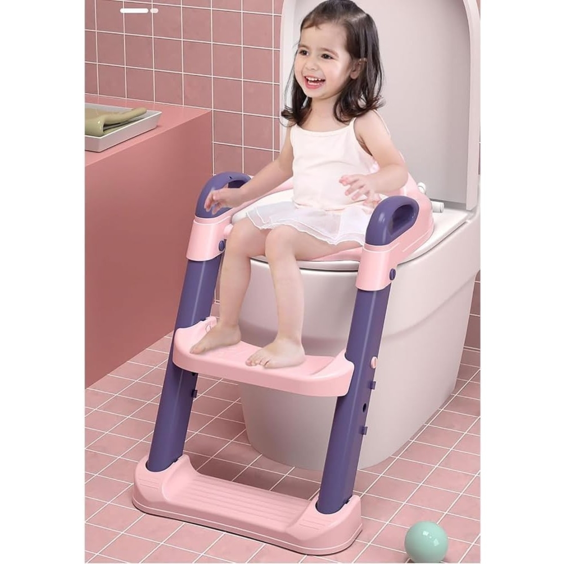 Reductor si Scaunel Inaltator WC, Flippy, pentru Copii 1 - 7 Ani, 2 Trepte Reglabile, Pliabil, Colac Moale, cu Spatar si Manere, Inaltime 54/58 cm x 39.5 x 35 cm, din Plastic+PVC, Roz/Mov