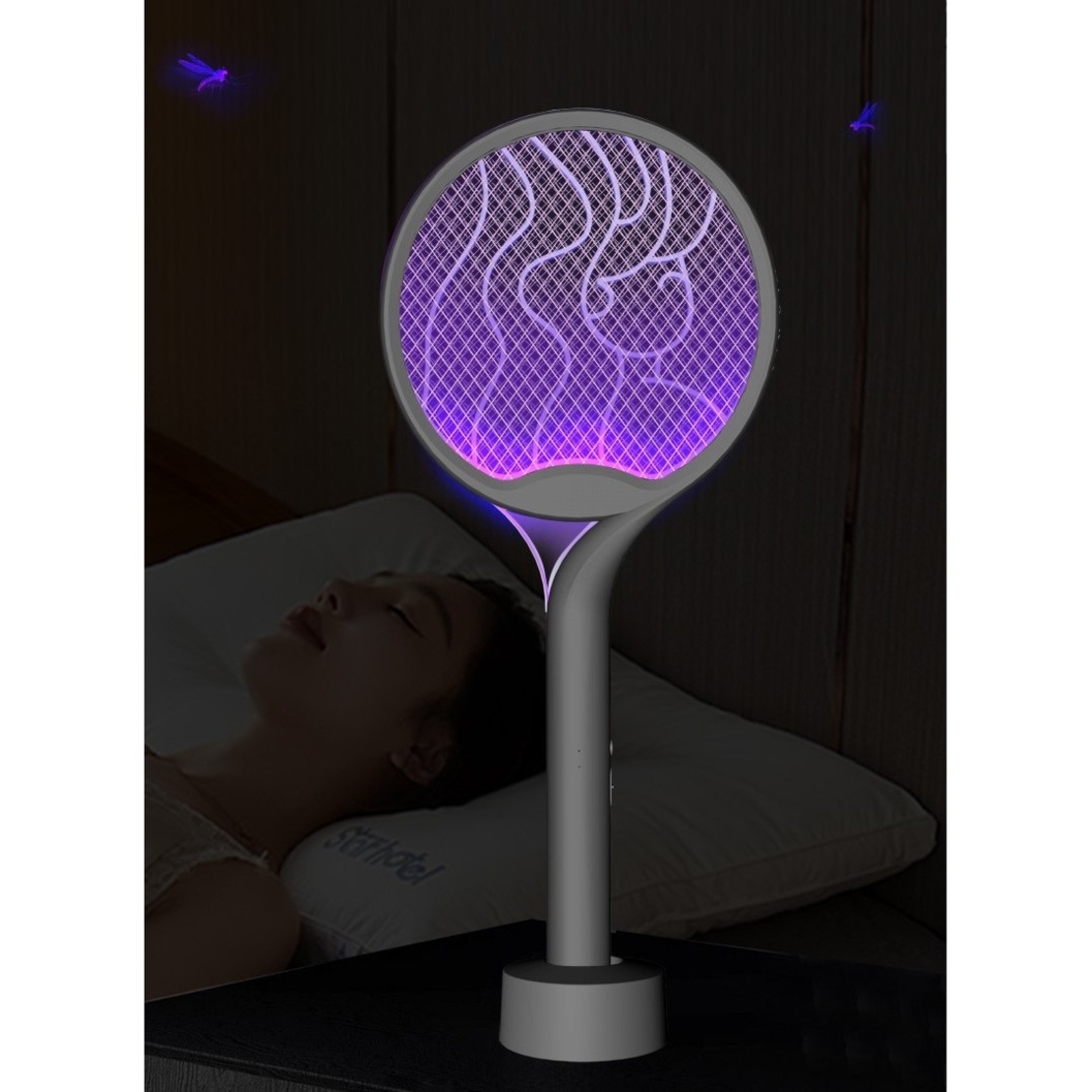 Paleta Electrica pentru Tantari, Muste si Tantari 2in1, Flippy, Reincarcabila, Incarcare USB, 2600V, Plastic, Casa si Gradina, Anti-insecte, Stand, 23x51 cm, Gri