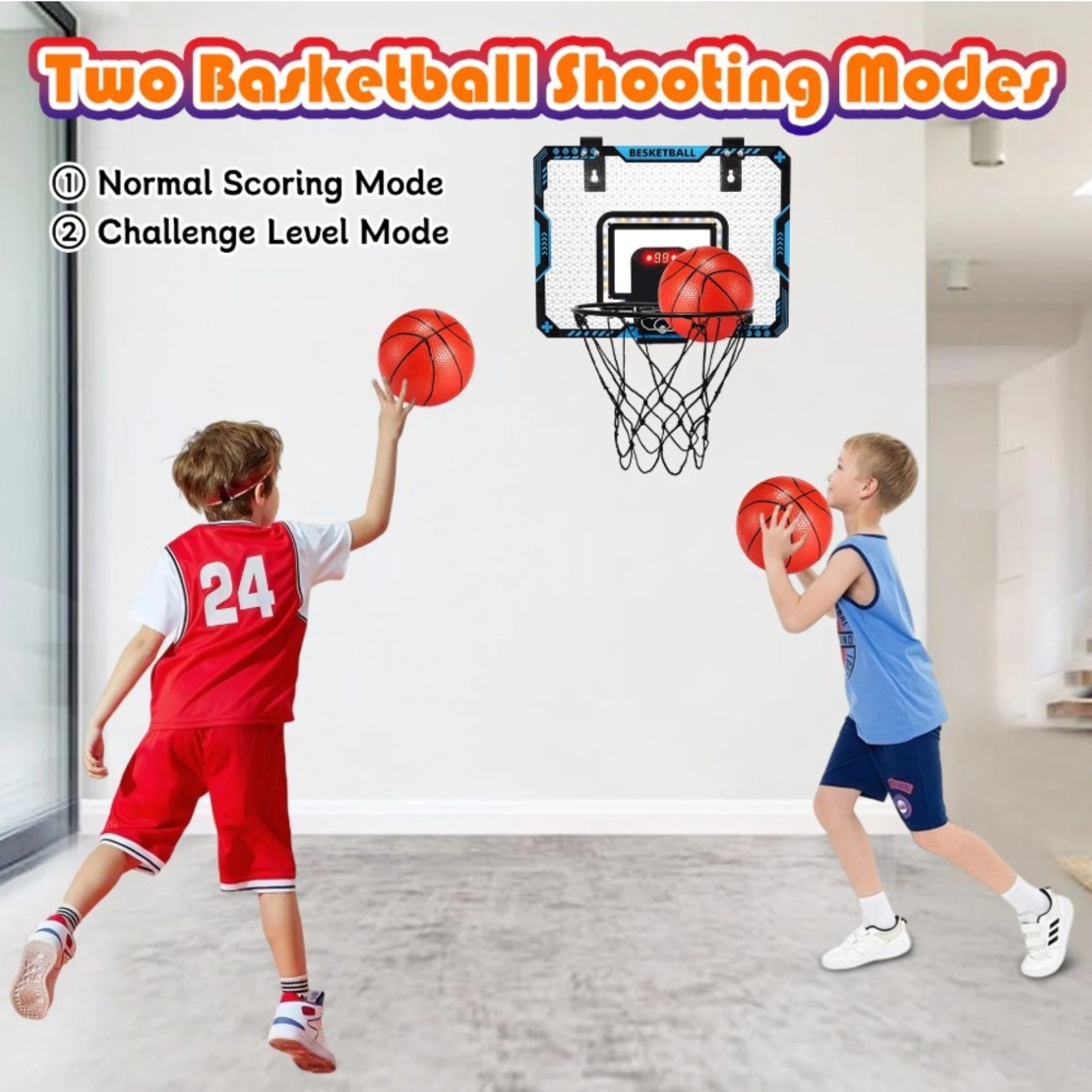 Cos de Baschet pentru Copii, Flippy, cu Tablou de Bord Electronic, Minge, Pompa, 2 Moduri, Interior/Exterior, Inel Metalic si Rabatabil cu Arc, Luminos, 41x31x5 cm, Multicolor