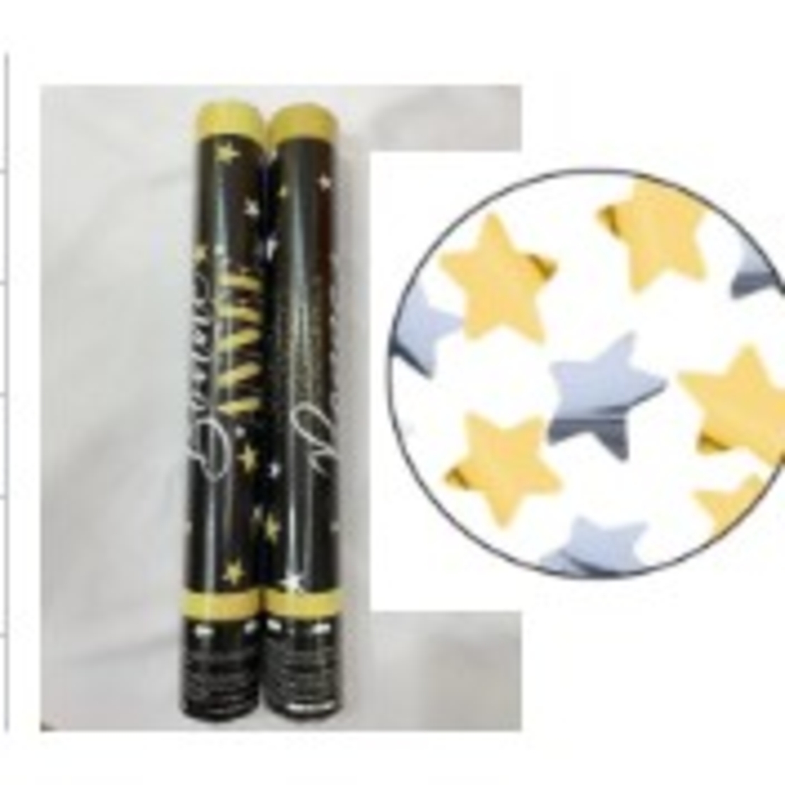 Tub de Confetti, Flippy, Bonne Annee, 60x5 cm, Confetii Stelute din Aluminiu, Auriu/Argintiu