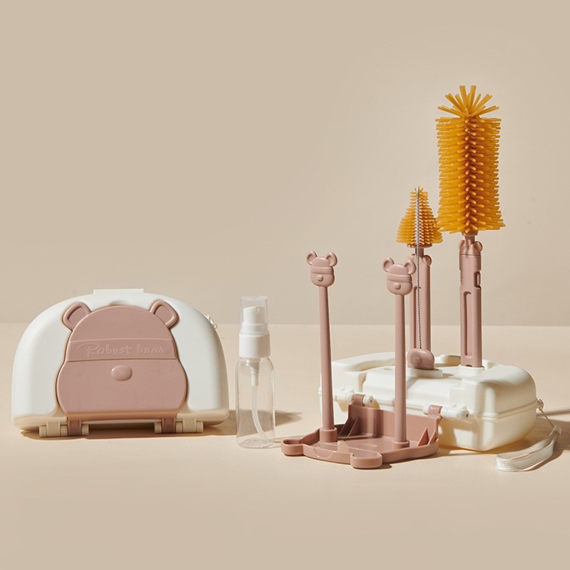 Set 7 Piese de Spalat/Uscat Biberoane, Flippy, Portabil, Peri de Silicon, pentru Tetine, Suzete, Biberoane, Paie, Cutie Inclusa, 16 x 11 x 5 cm, Model Ursulet, Maro