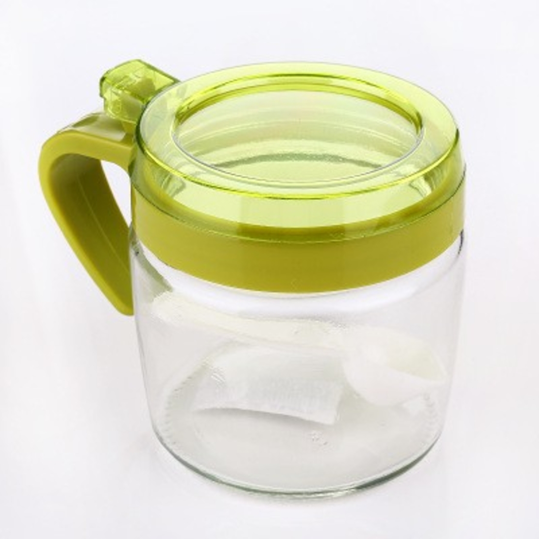 Recipient Condimente, Flippy, din Stilca, 180 ml, cu Maner si Lingurita, 8 x 9 cm, Capac Transparent, Verde