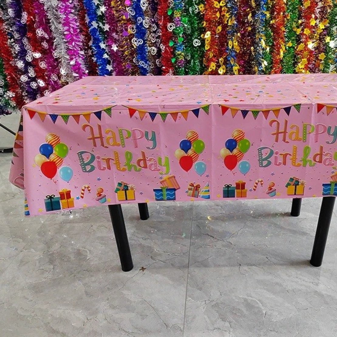 Fata de Masa, Flippy, din Folie, Imprimeu Happy Birthday cu Baloane, 137 x 274 cm, Roz