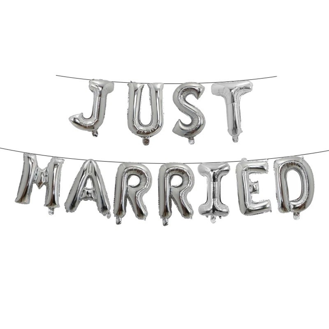 Set Baloane din Folie Metalizata, Flippy, Figurine Litere, Model Just Married, Tema Nunta, 40 cm, Baloane Party, Ambalaj Individual, Pai inclus, Umflare cu Aer sau Heliu, Argintiu