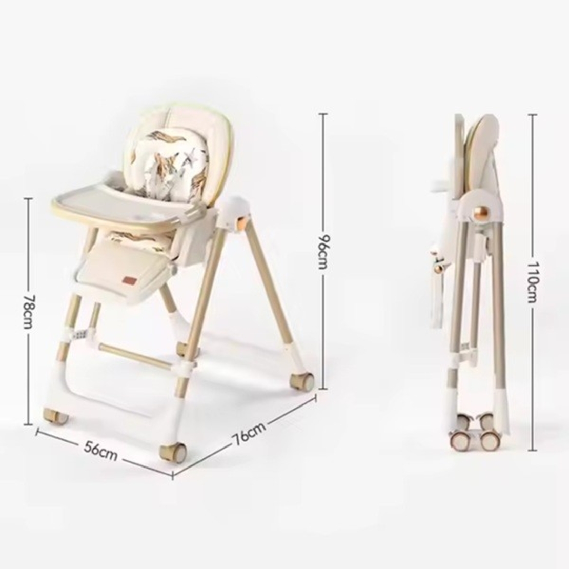 Scaun de Masa 2in1, Flippy, pentru Copii 6 luni - 4 Ani, Pliabil, cu Roti, Balansoar, Leagan, Reglabil, Tava de Masa Dubla, Centura in 5 Puncte, 96 x 56 x 76 cm, Sampanie