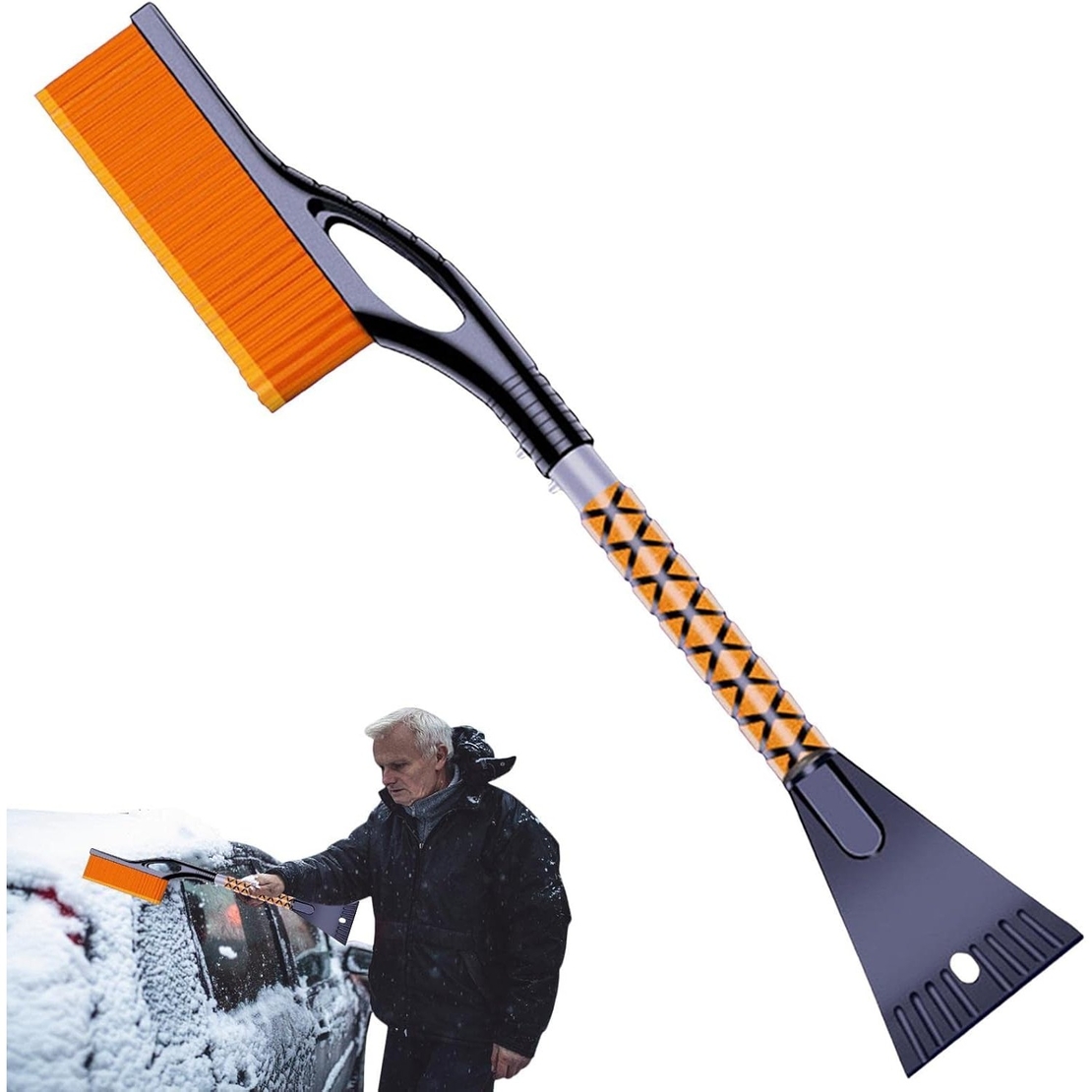 Perie de Zapada cu Racleta pentru Masina, Flippy, Multifunctionala, Demontabila, cu Maner Antiderapant, Aluminiu, Plastic, Fragmentarea Ghetii de pe Parbriz, Solutia pentru Iarna, pentru Dezghetare, 68x24x11.1 cm, Portocaliu
