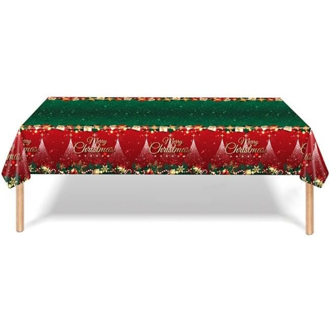 Fata de Masa Festiva, Flippy, Dreptunghiulara, Imprimeu Merry Christmas, Tema Craciun, Rezistenta la Apa, din PVC, 137 x 274 cm, Rosu/Verde