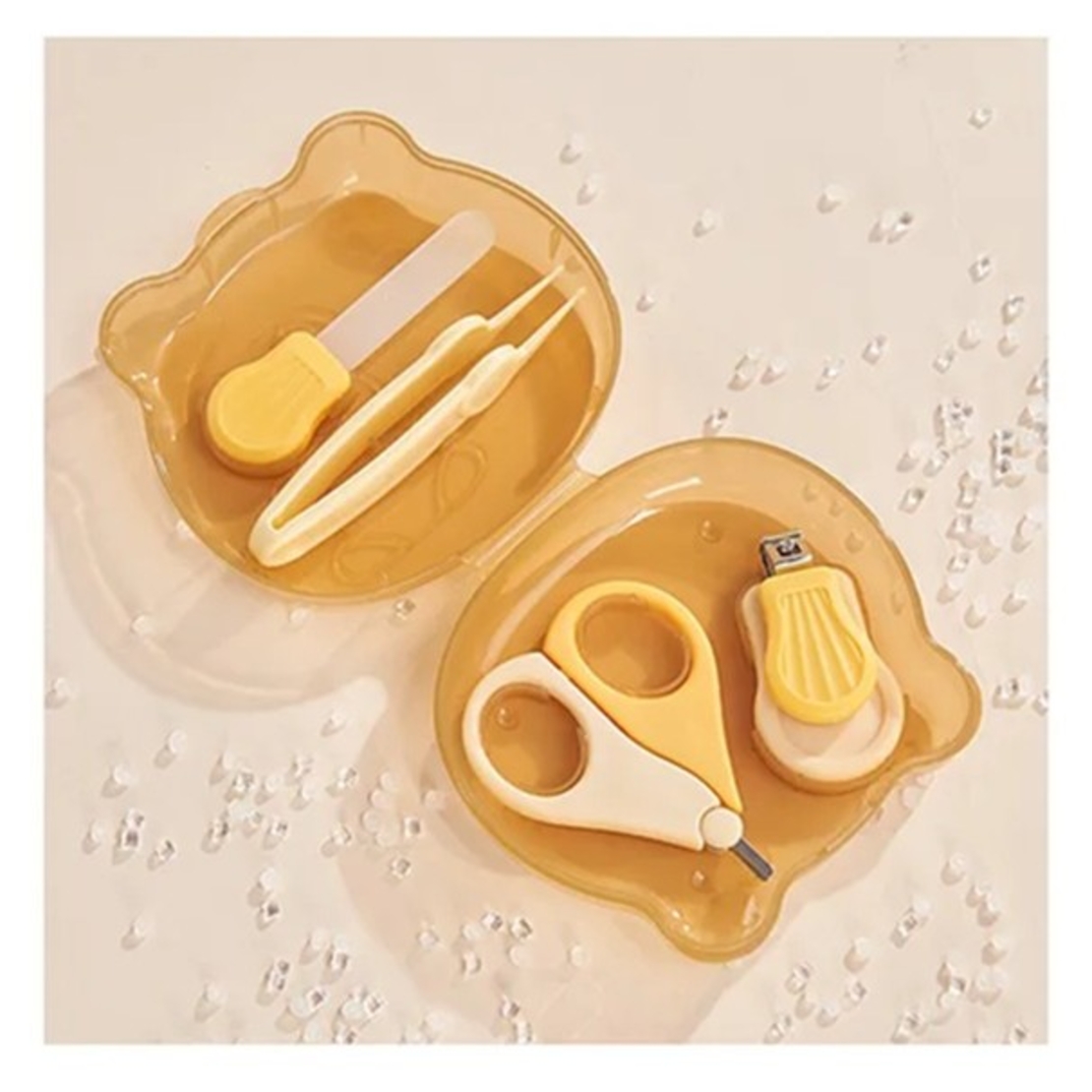 Set Ingrijire Unghii pentru Bebelusi, Flippy, Cutie de Depozitare in Forma de Ursulet, 10 x 9.5 cm, Galben