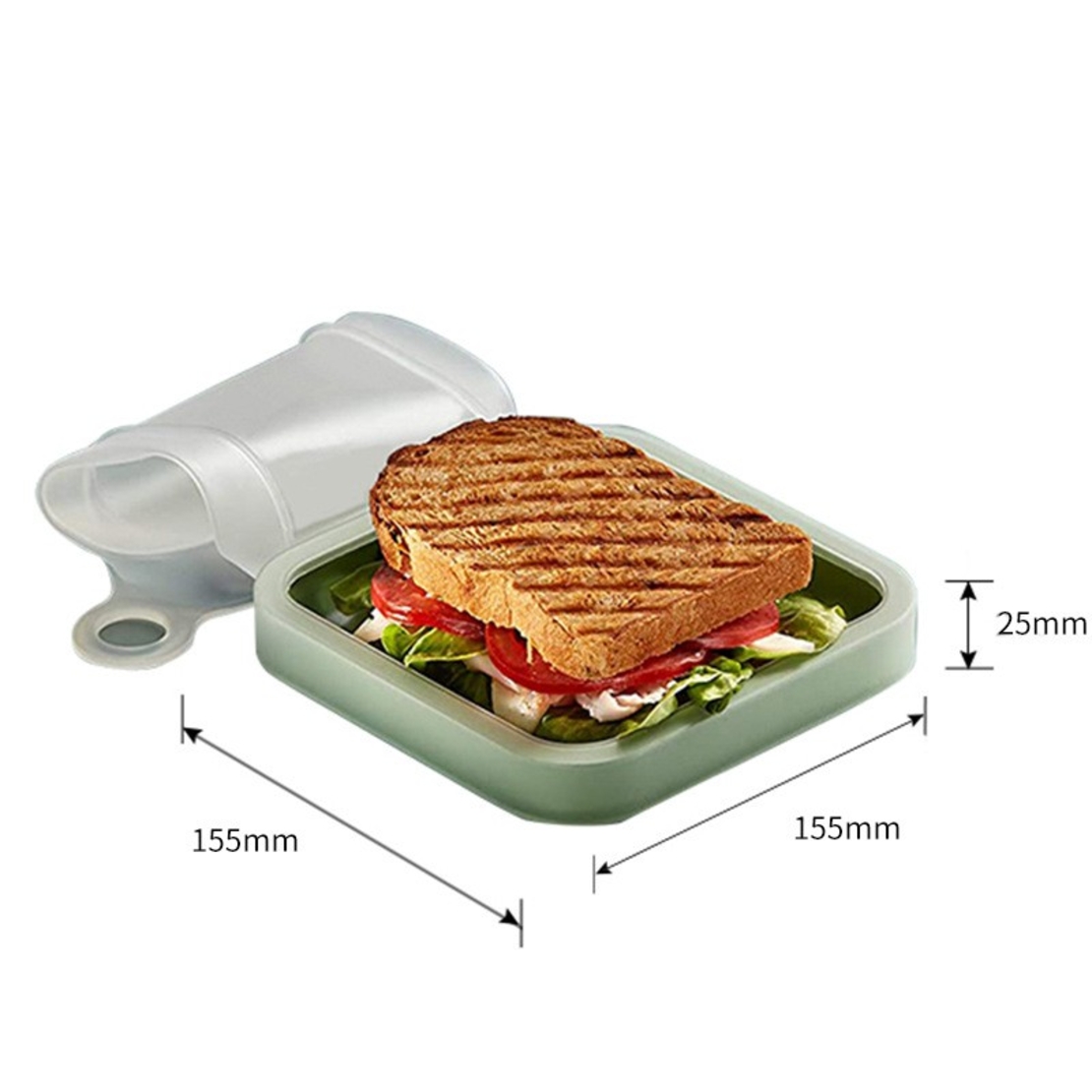 Caserola pentru sandwich Flippy, din silicon si polipropilena, portabil, usor de curatat, capac anti-scurgere, reutilizabil, 15.5 x 15.5 x 2.5 cm, verde