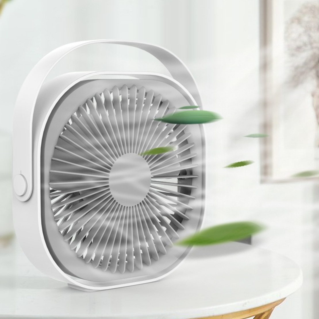 Mini ventilator pentru birou cu usb, Flippy, rotire 360 grade, 3 viteze, 1500 mA, 13.5 x 12,8, Alb