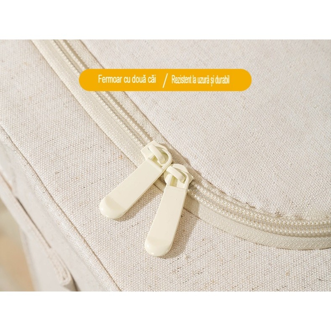 Cutie de Depozitare Pliabila, Flippy, Cu Fereastra si Fermoar Dublu, 66 L, Textil Premium, 50x40x33 cm, Cadru Metalic, Impermeabila, Bej