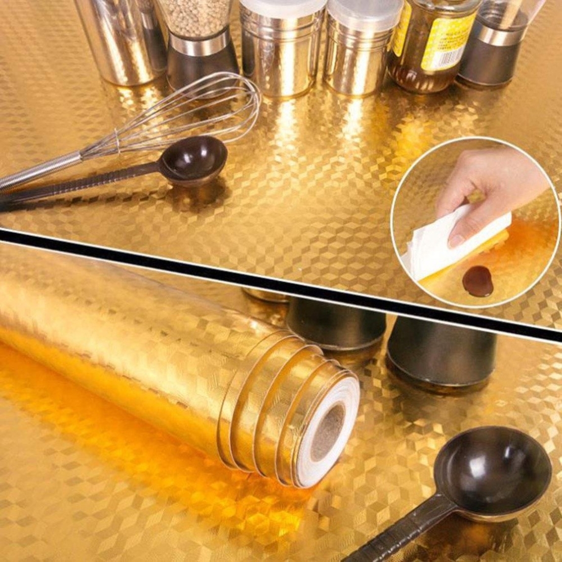 Autocolant de Bucatarie, Flippy, Autoadeziv, Impermeabil, Rezistent la Temperaturi Ridicate, din PVC, 60 x 100 cm, Model Cub 3D, Auriu