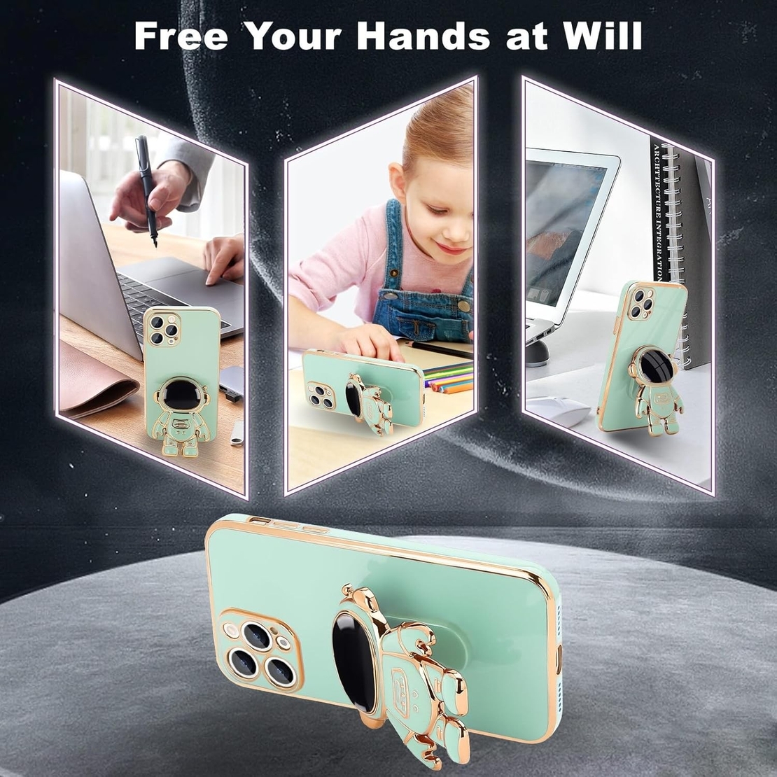 Husa de Protectie TPU 2in1, Flippy, pentru Apple iPhone 14 Pro, Astronaut cu Suport, Antisoc, Rezistenta la Impact, Protectie Camera, Verde