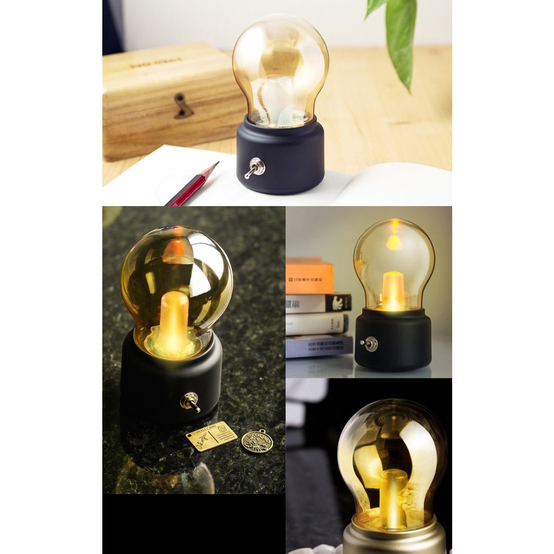 Lampa LED Decorativa sub forma de Bulb, Retro pentru interior, Negru/ Transparent, 5 V, 500 mA, ABS, Lumina Calda, Incarcare USB, Autonimie 12 Ore, Comutator Metalic, Flippy, 11x7x6 cm