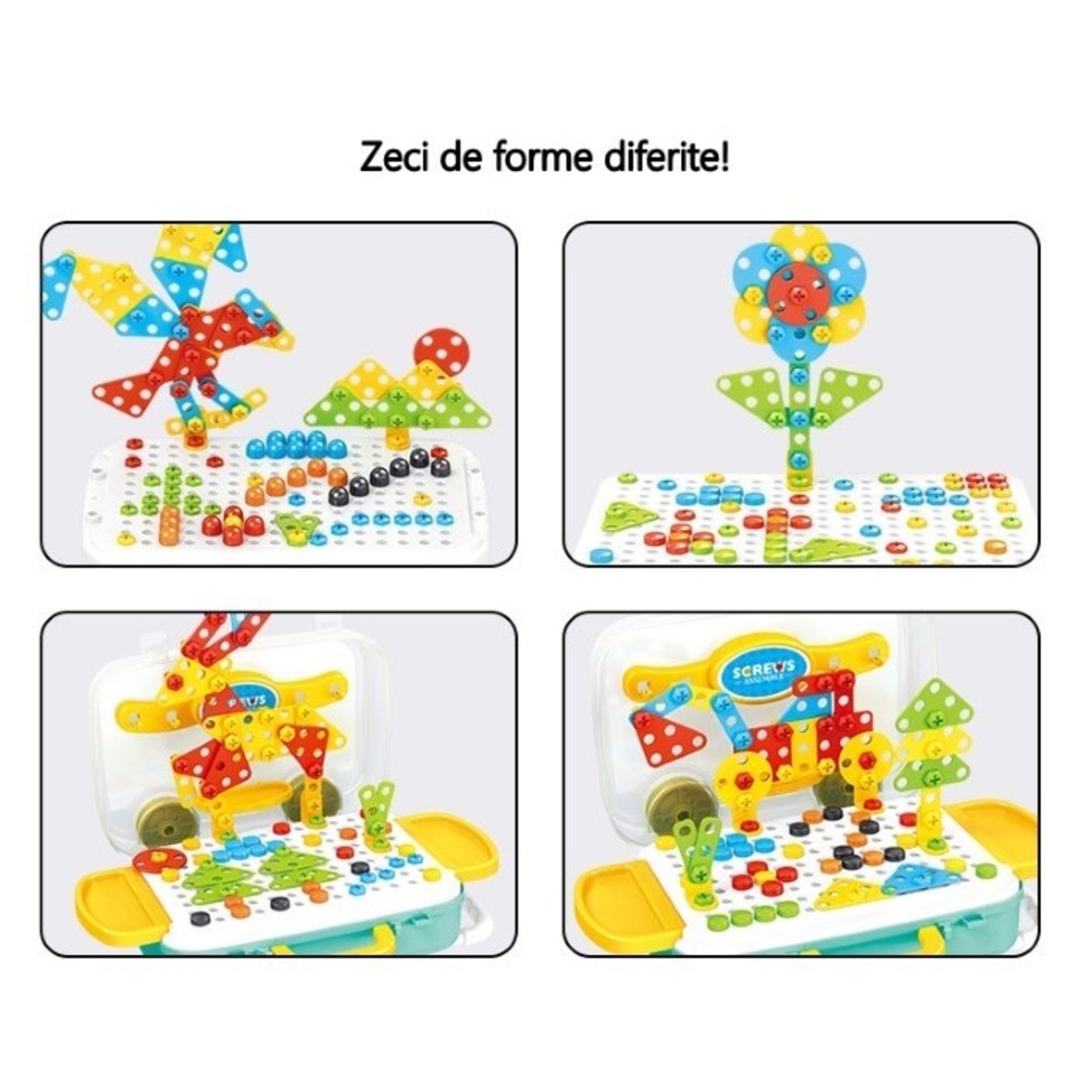 Jucarie educativa pentru copii, Flippy, Set 258 piese, 6 in 1, Valiza cu bormasina, Multicolor