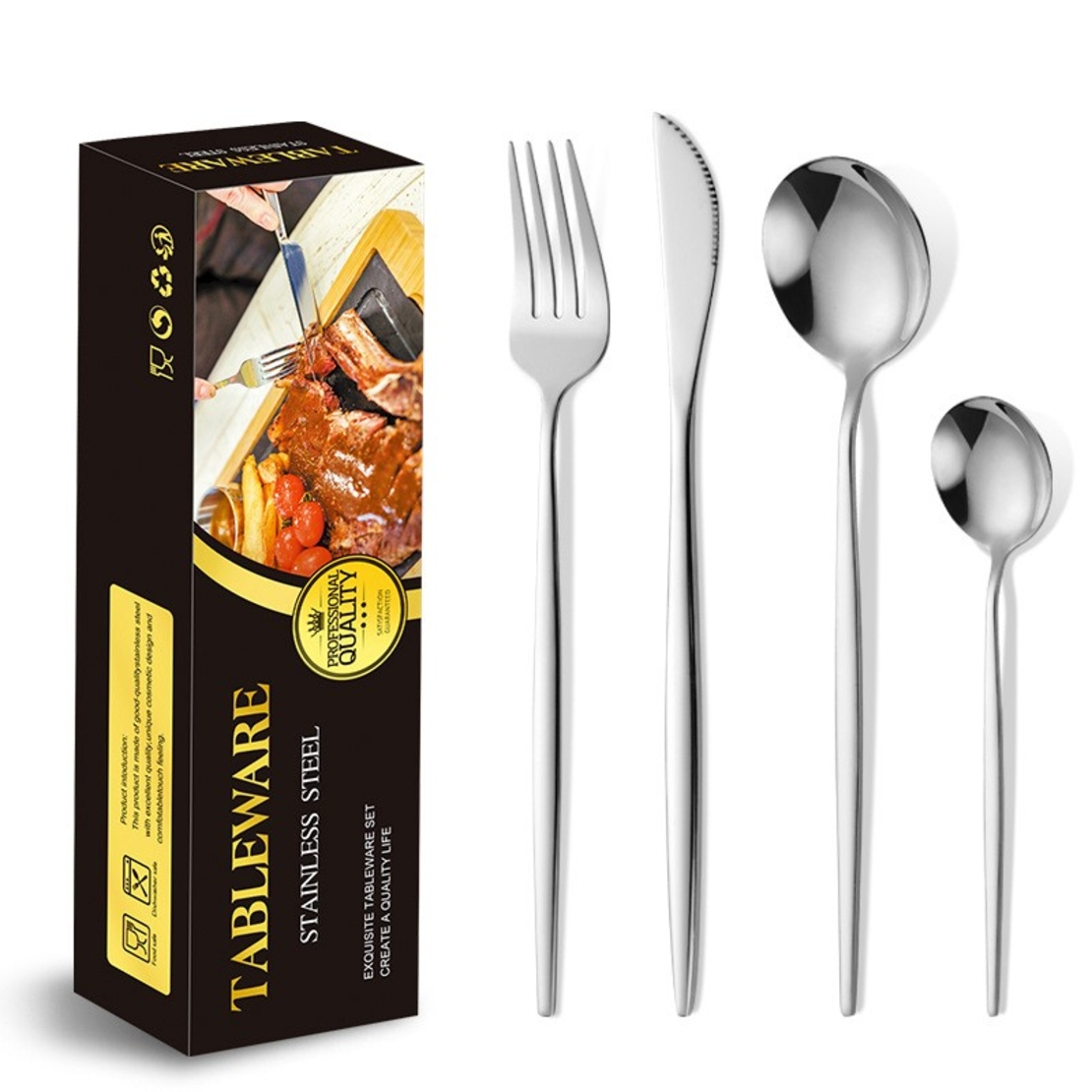 Tacamuri Portugheze, Flippy, Set din 24 de Piese din Otel Inoxidabil, 6 Cutie, 6 Furculite, 6 Linguri de Masa, 6 Linguri pentru Ceai, Argintiu