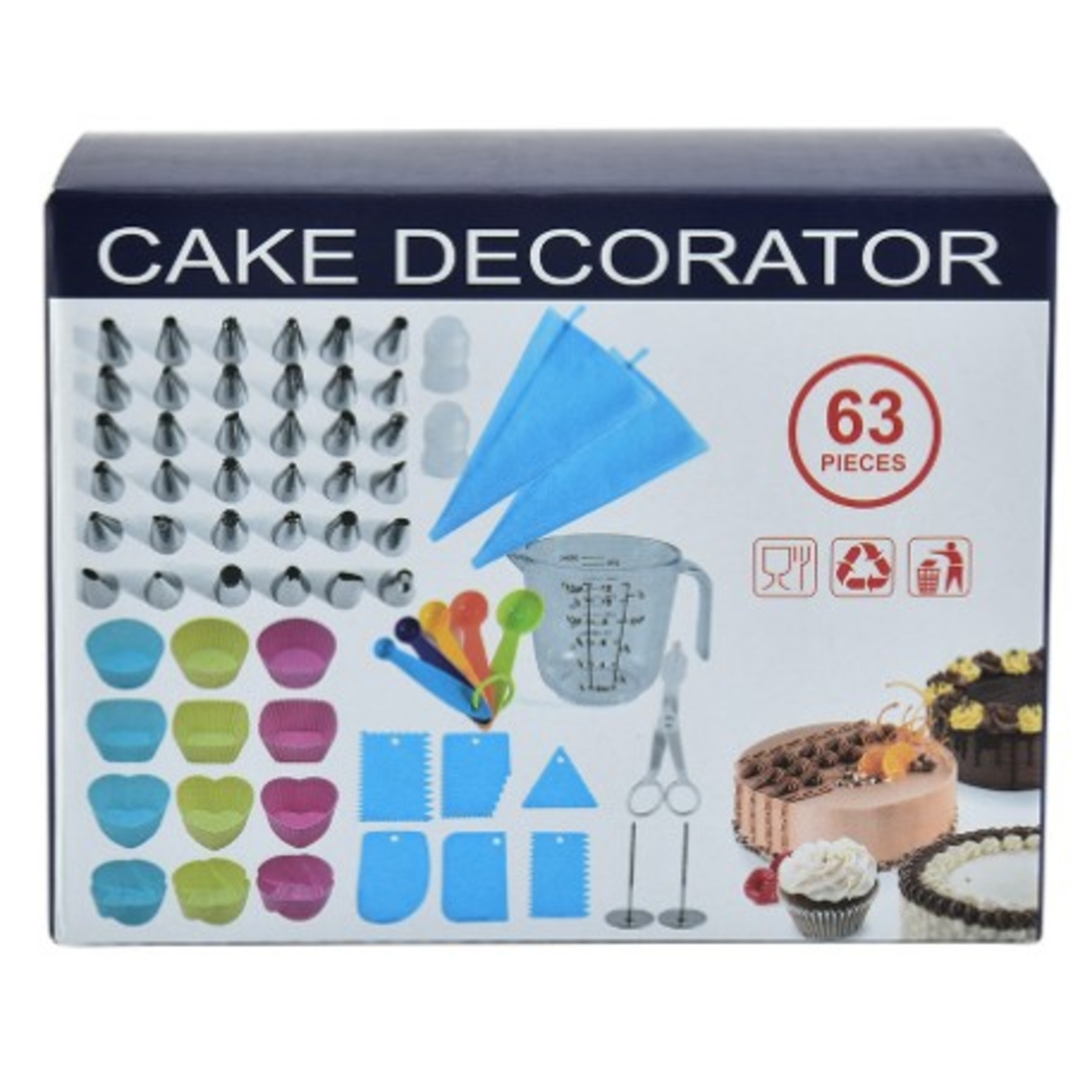 Set 63 Piese Ustensile pentru Ornare Prajituri, Flippy, din Plastic si Otel Inoxidabil, Forme Briose, Multicolor