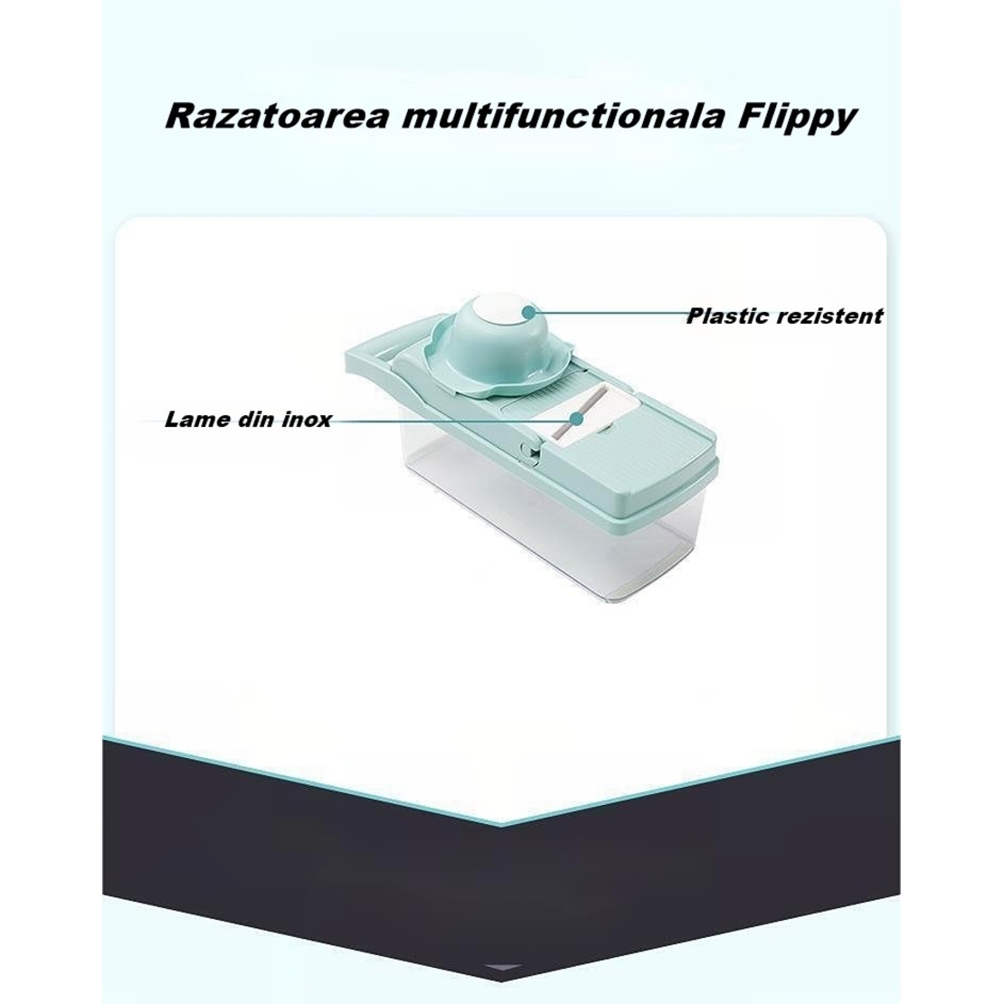 Feliator Multifunctional, Flippy, Razatoare, 8 in 1, pentru Fructe si Legume, 10 Piese, Lame de Inox, Recipient Stocare, Separator Oua, Protectie Mana, ABS, 32.2x11.3 cm, Albastru/Alb
