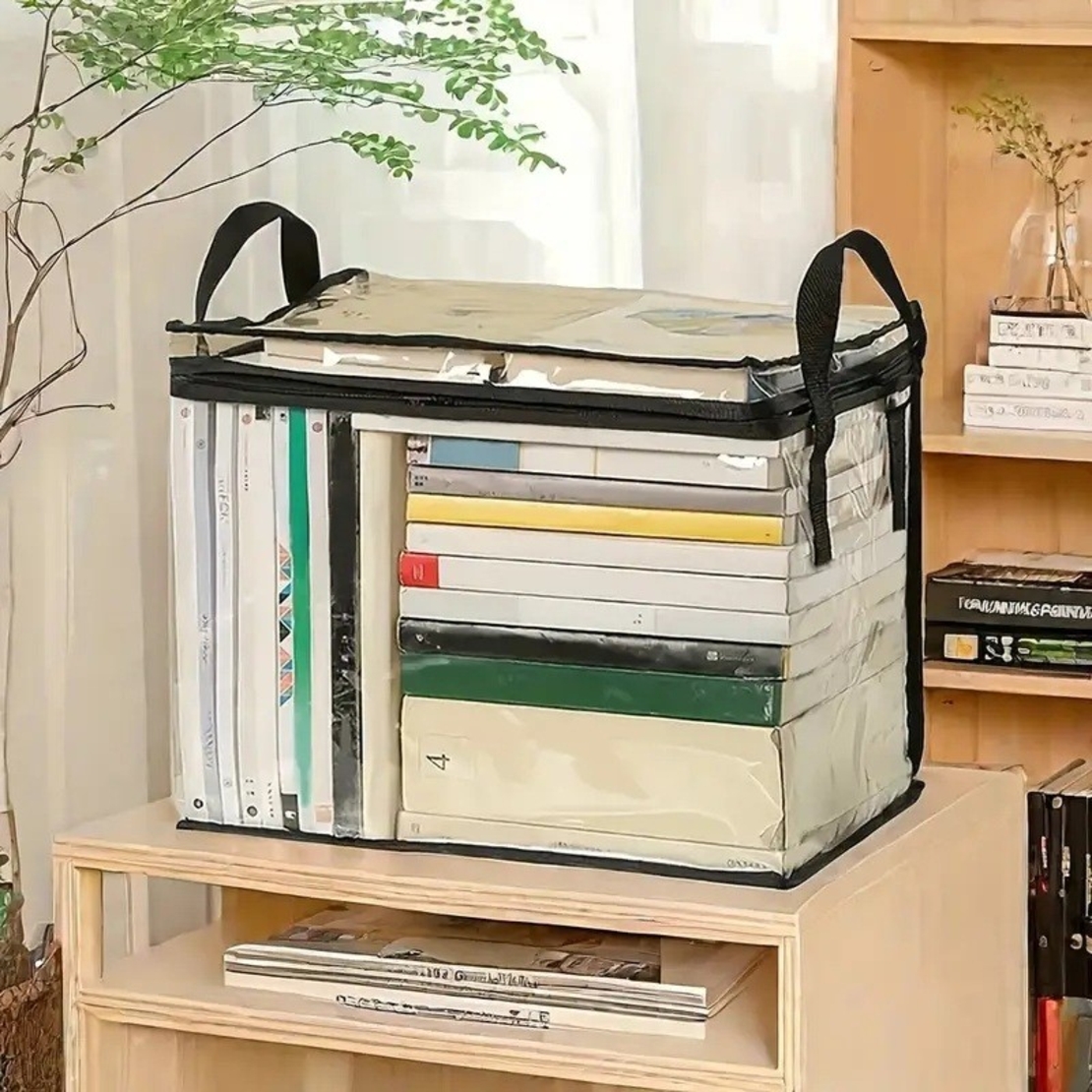 Cutie de Depozitare, Flippy, din PVC + Textil, Rezistenta la Apa, Geanta pentru Carti, 38x24x32 cm, Transparent-Negru