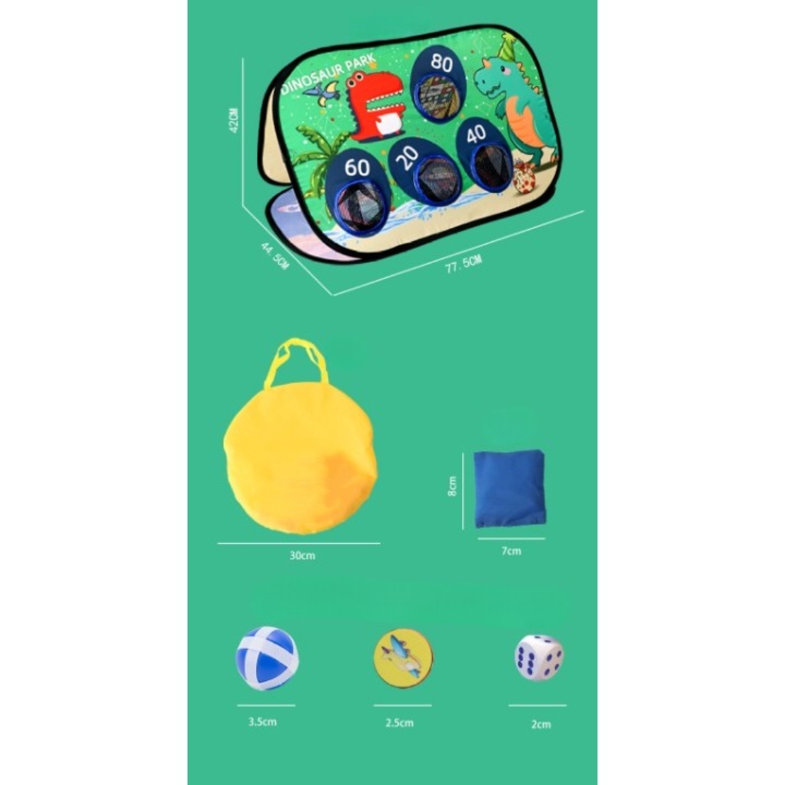 Joc pentru Copii, Flippy, Aruncarea Sacilor cu Nisip, Sageti, 8 Mingi, 4 Saci, Geanta Portabila, Interactiv, Model Dinozauri, 77.5x44.5x42 cm, Multicolor