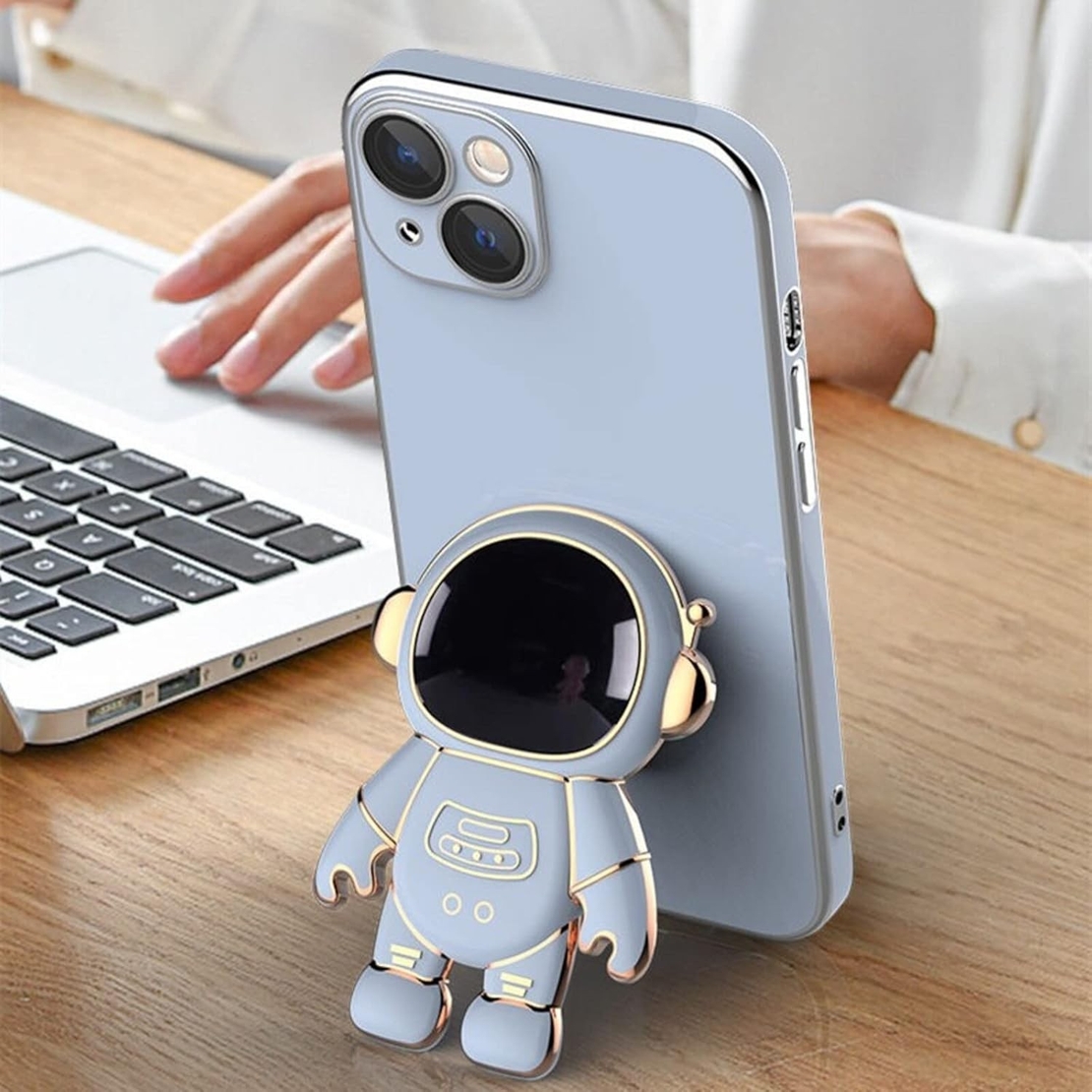 Husa de Protectie TPU 2in1, Flippy, pentru Apple iPhone 15 Plus, Astronaut cu Suport, Antisoc, Rezistenta la Impact, Protectie Camera, Albastru
