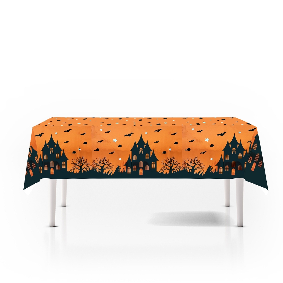 Fata de Masa, Flippy, din Folie, Imprimeu Halloween - Casa Bantuita, 137 x 274 cm, Portocaliu