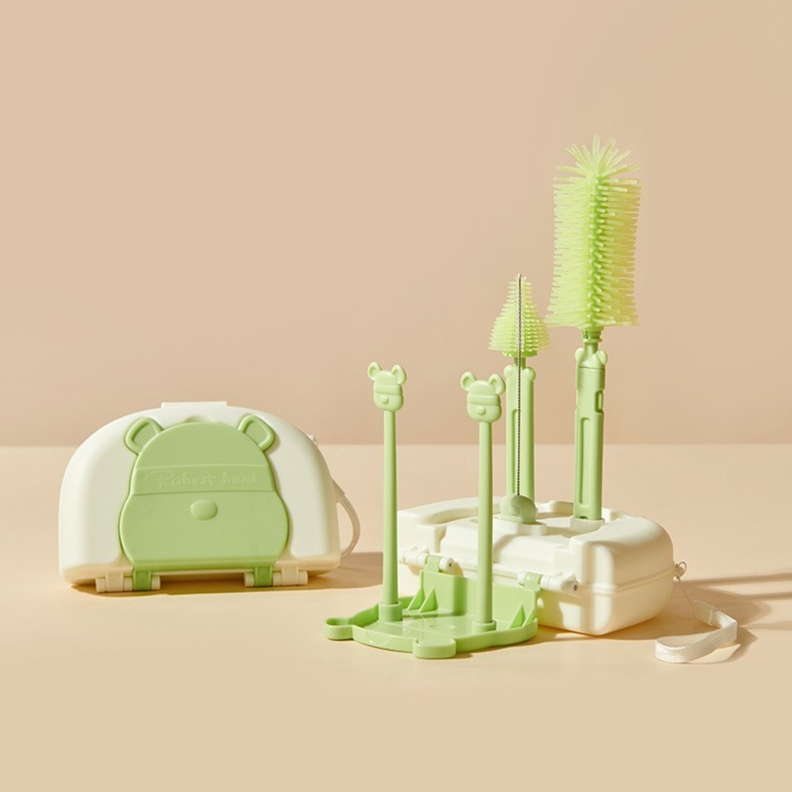 Set 7 Piese de Spalat/Uscat Biberoane, Flippy, Portabil, Peri de Silicon, pentru Tetine, Suzete, Biberoane, Paie, Cutie Inclusa, 16 x 11 x 5 cm, Model Ursulet, Verde