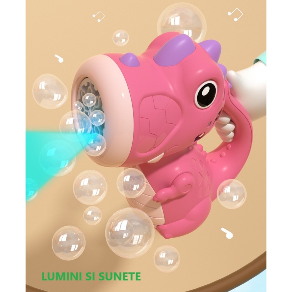 Jucarie Interactiva pentru Baloane de Sapun, Flippy, Sunete si Lumini, Model Dinozaur, cu 8 Orificii, 15 x 8.5 x 18.5, Roz