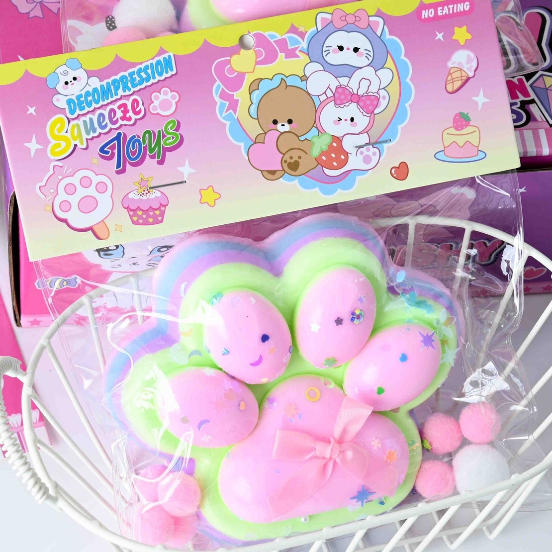 Jucarie Antistres Squishy, Flippy, cu Revenire Lenta, Model Labuta de Pisica YY1005, 220g, 12.5 x 10.5 cm, Squeeze Pinch Family, Ambalaj Transparent, Roz-Curcubeu