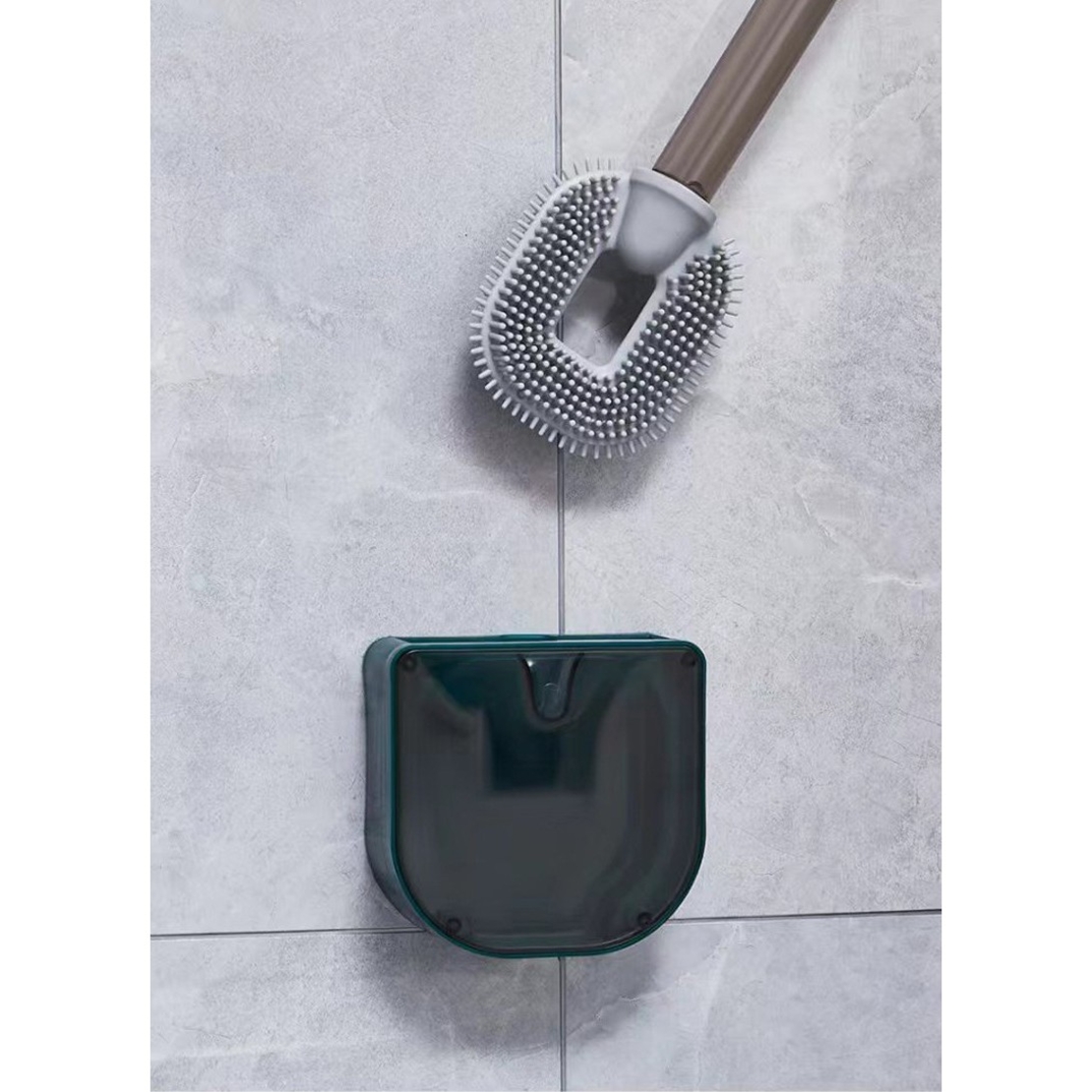 Perie de Toaleta, Flippy, cu Recipient pentru Detergent, din Plastic+TPR, Montare fara Perforare, 40 x 9 cm, Verde