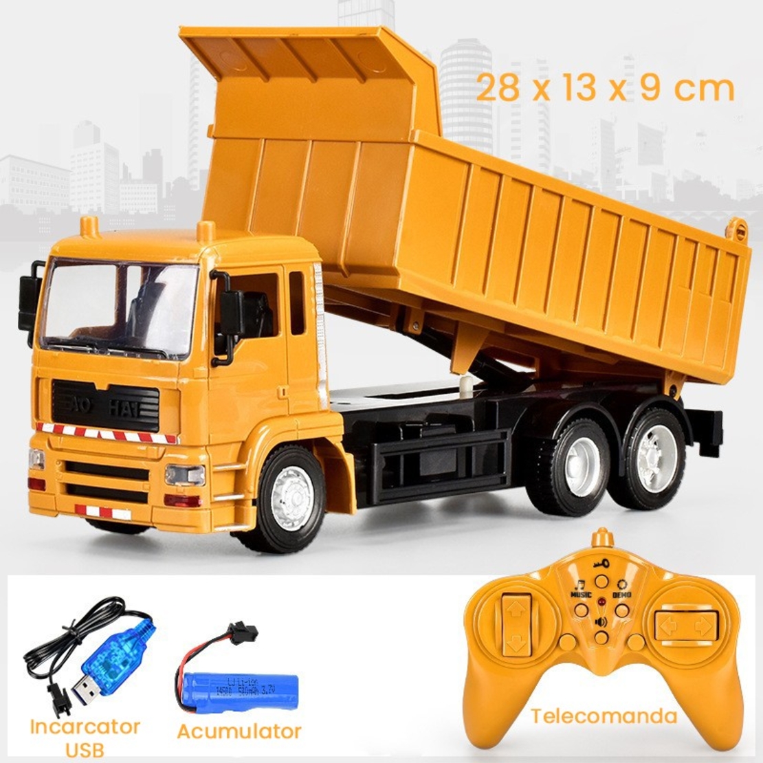 Camion Basculanta Jucarie pentru Copii, Flippy, Jucarie Camion Basculanta cu Telecomanda, Jucarie de Constructie, Acumulator cu Incarcare USB, 28 x 13 x 9 cm, Galben