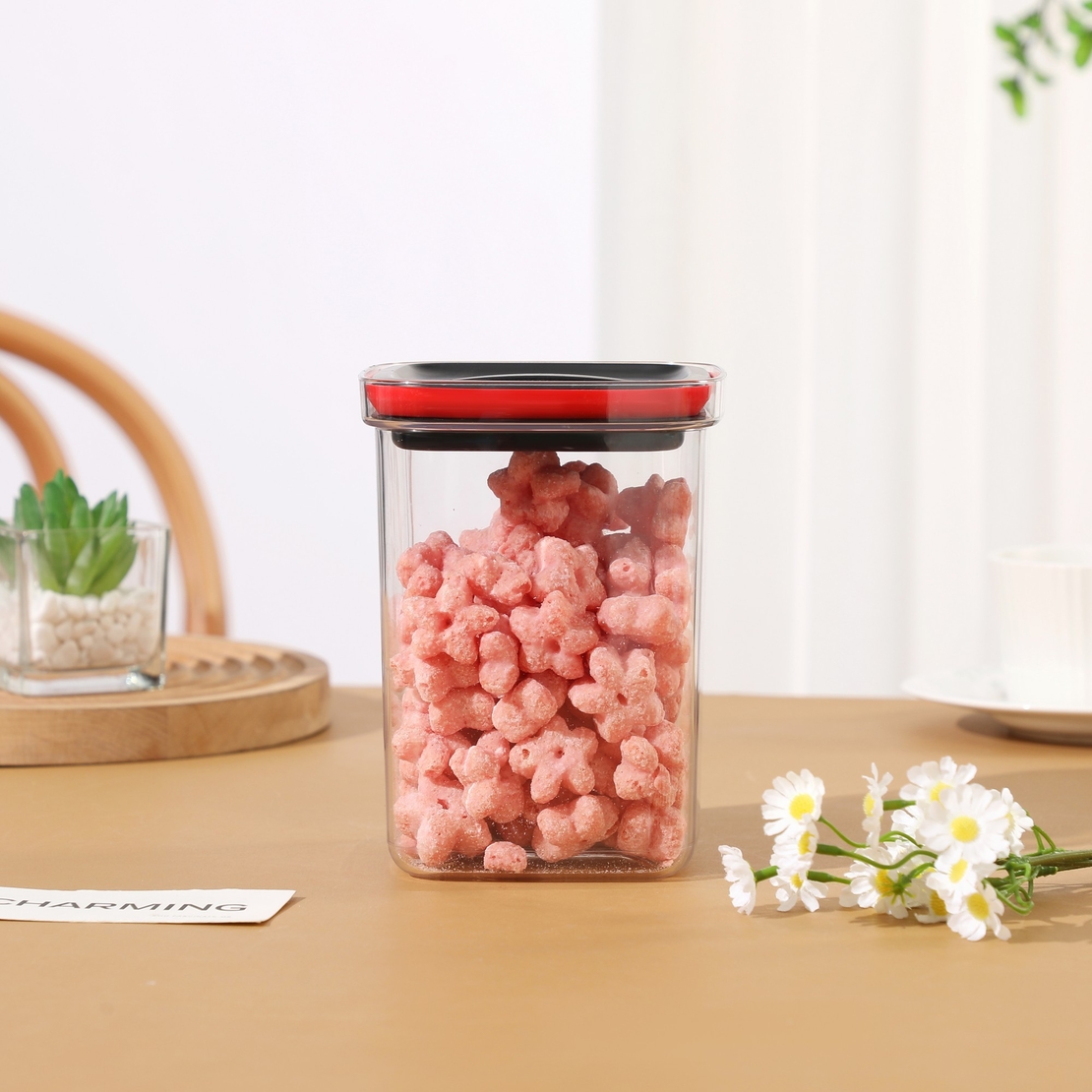 Cutie de Depozitare Alimente, Flippy, Cutie de tip Container, Recipient pentru Cereale in Bucatarie, 11.5 x 11.5 x 15 cm, volum 1200 ml, Transparenta cu Capac Negru