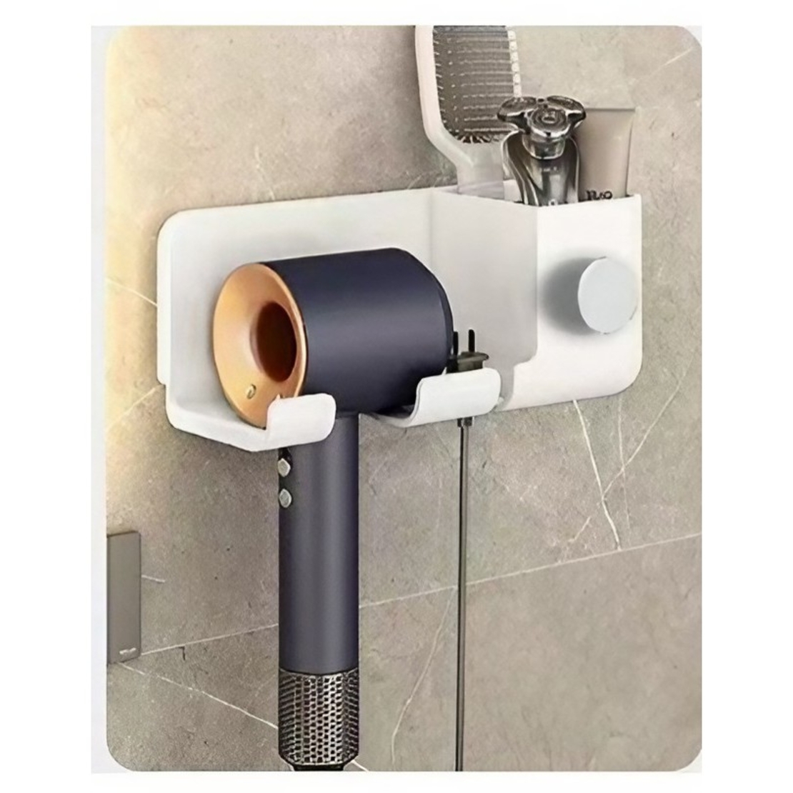 Suport de Baie, Flippy, pentru Uscator de Par, cu Organizator Dublu, din Plastic, Aplicare cu Suport Adeziv, 23 x 8.8 x 9.5 cm, Alb